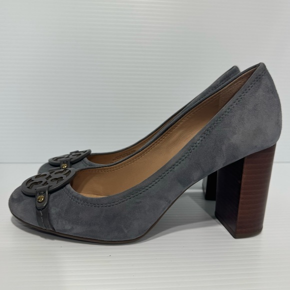 Tory Burch Mini Miller Gray Suede Logo Heels Size 8 1/2 - Picture 3 of 15